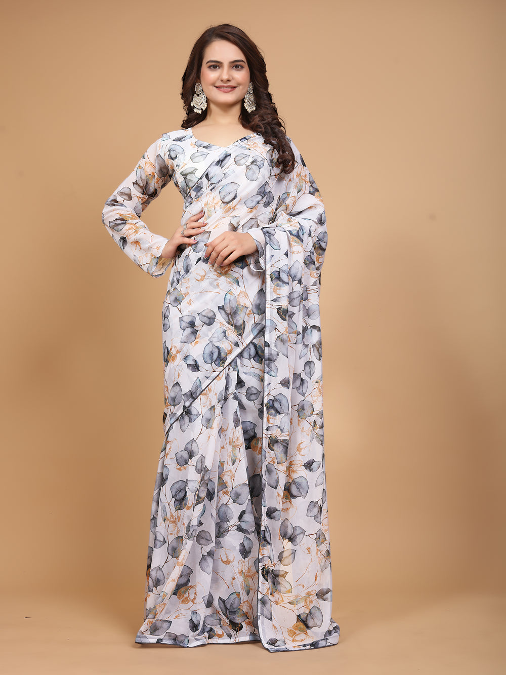 MK WOMEN'S Ready To Wear (1 Min saree) Georgette Saree Digital Printed Saree With Unstitched Blouse Piece Pack Of 1