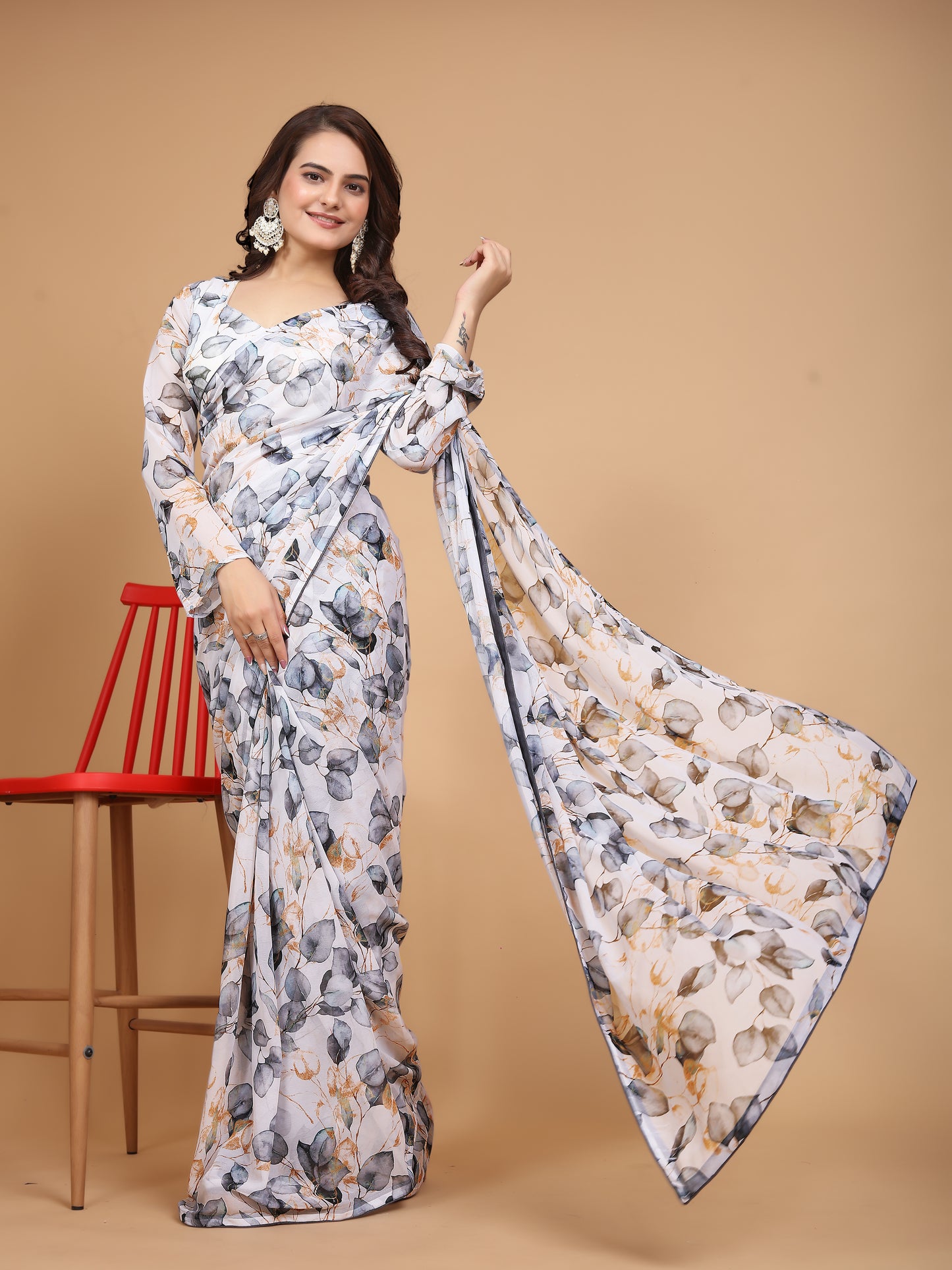 MK WOMEN'S Ready To Wear (1 Min saree) Georgette Saree Digital Printed Saree With Unstitched Blouse Piece Pack Of 1