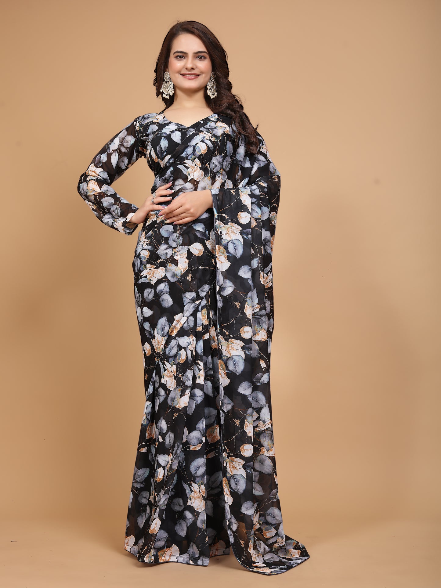 MK WOMEN'S Ready To Wear (1 Min saree) Georgette Saree Digital Printed Saree With Unstitched Blouse Piece Pack Of 1