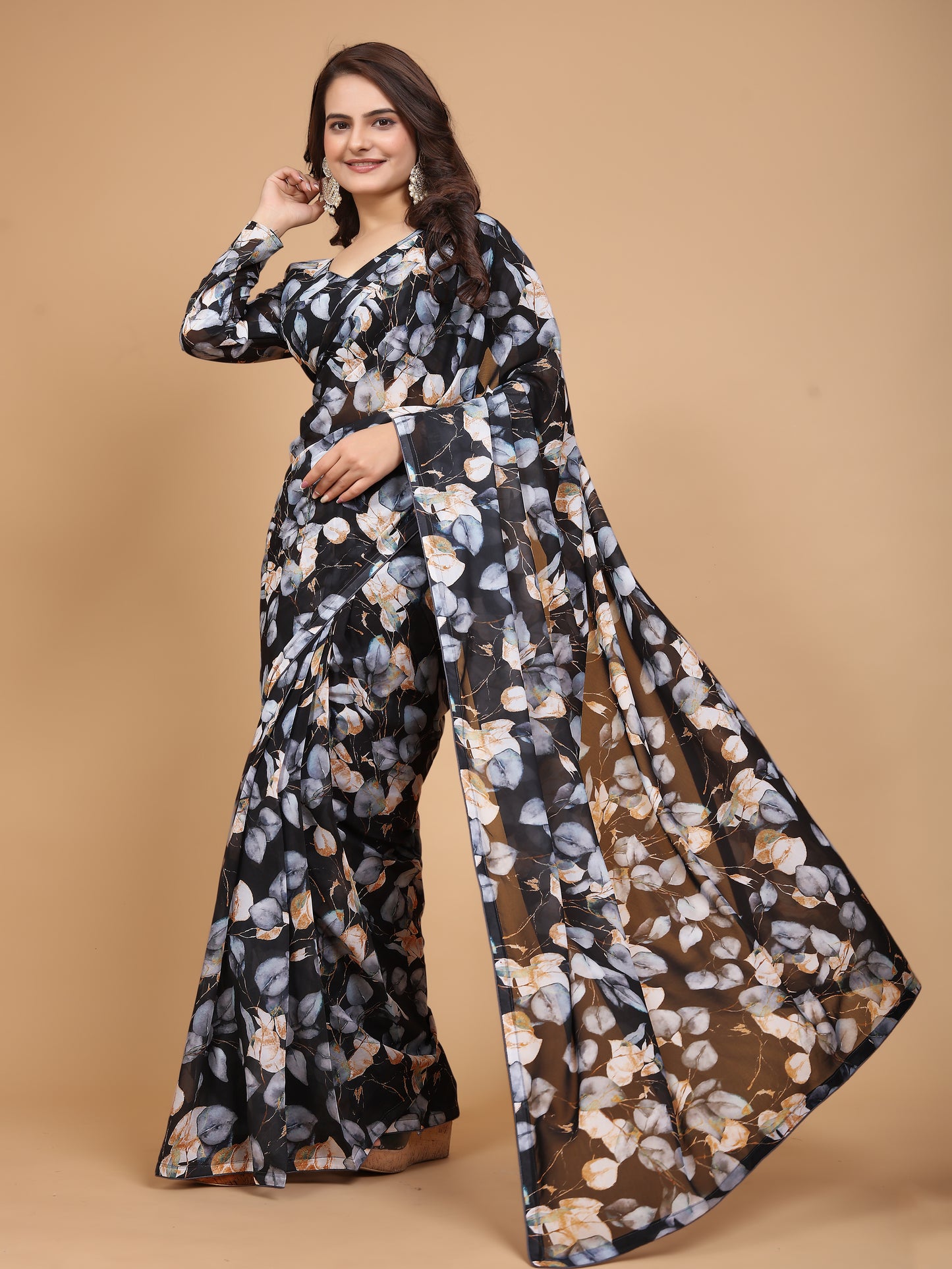 MK WOMEN'S Ready To Wear (1 Min saree) Georgette Saree Digital Printed Saree With Unstitched Blouse Piece Pack Of 1