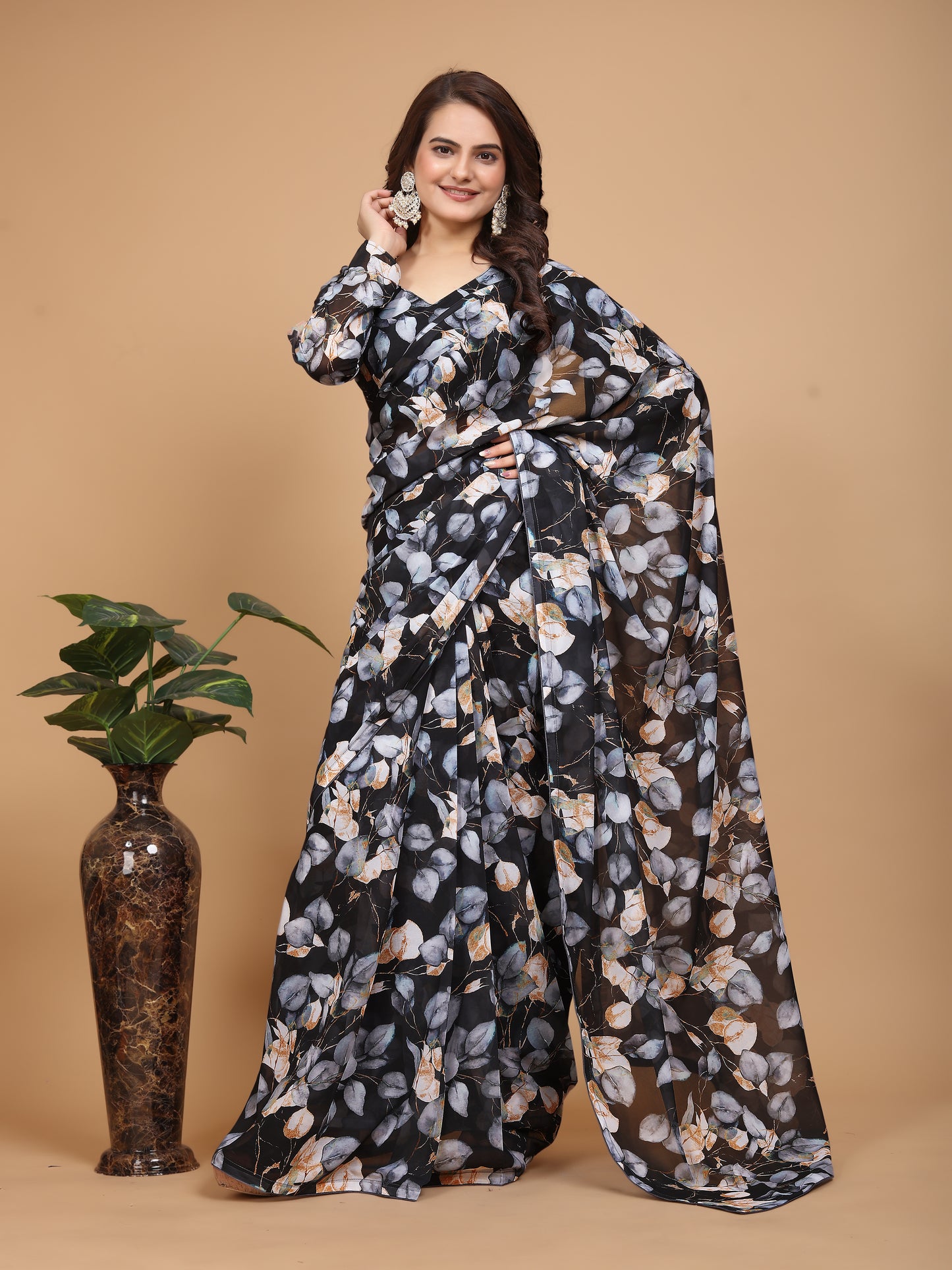 MK WOMEN'S Ready To Wear (1 Min saree) Georgette Saree Digital Printed Saree With Unstitched Blouse Piece Pack Of 1